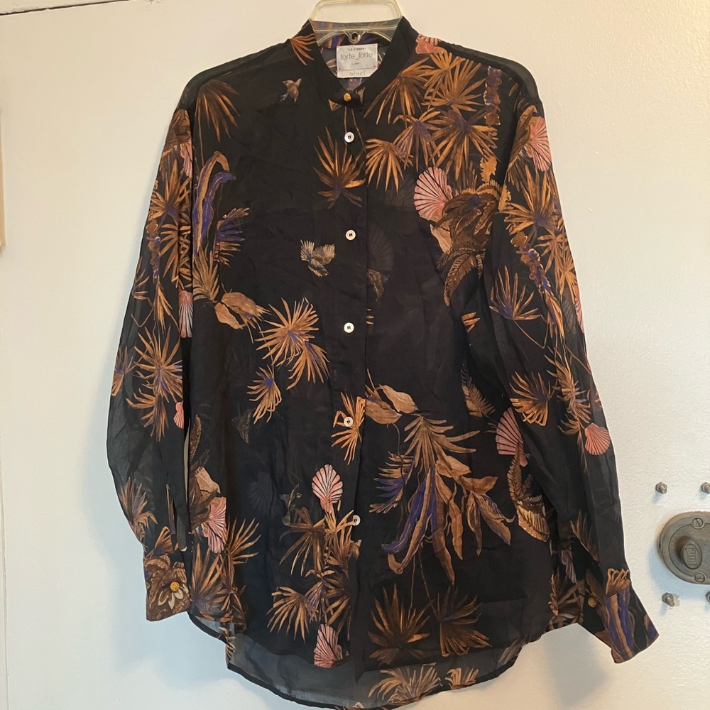 Forte Forte Mandarin Collar Floral Black Button Down Shirt